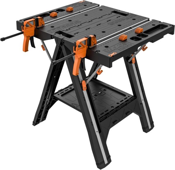 Worx Pegasus 2-in-1 Folding Work Table & Sawhorse, Easy Setup Portable Workbench, 31" W x 25" D x 32" H Lightweight Worktable with Heavy-Duty Load Capacity, WX051 - includes 2 Clamps & 4 Clamp Dogs