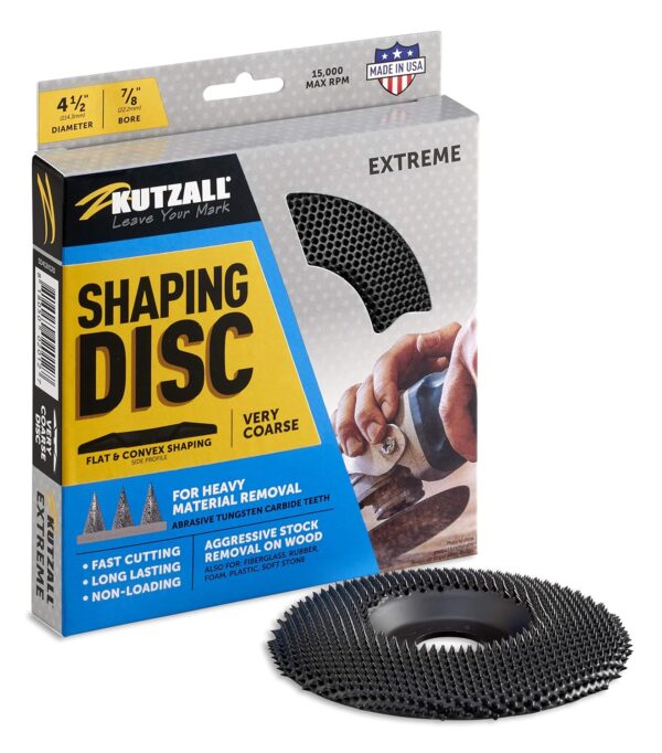 Kutzall Extreme Shaping Disc - Very Coarse, 4-1⁄2" (114.3mm) Dia. X 7⁄8" (22.2mm) Bore - Woodworking Angle Grinder Attachment for DeWalt, Bosch, Milwaukee, Makita. Abrasive Tungsten Carbide, SD412X120