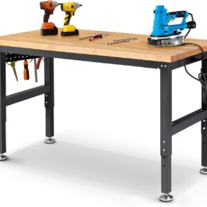 60 Inch Workbench for Garage Adjustable Height Work Bench with Pegboard Power Outlets Rubber Wood Tabletop Work Table for Cutting Wood Woodworking Shop Home Office Electronic