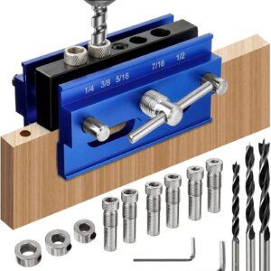 Self Centering Dowel Jig Kit, Drill Jig for Straight Holes Biscuit Joiner Set, Adjustable Drilling Guide Wood Working Tools with 3 Drill and 6 Drill Guide Bushings, Wood Doweling Jig for Woodworking