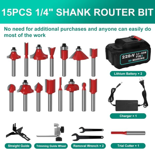 21V Cordless Compact Wood Router with 2 Batteries and 15 Bits - Image 6