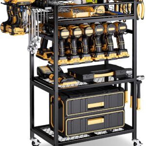 Power Tool Organizer with Wheels - 12 Cordless Drill Holder Rolling Tool Cart, 4 Layer Heavy Duty Metal Garage Storage Shelving for Drill, Workshop and Garage Organization Gift Ideas for Men Dad