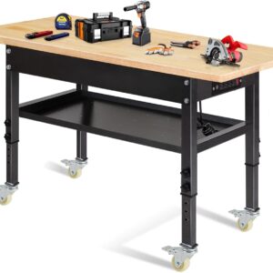 48"/60'' Adjustable Workbench, Rubber Wood Top Work Bench Heavy-Duty Work Table with Power Outlet, Wheels, Partition 2000 LBS Load Capacity Hardwood Work Benches for Garage, Workshop, Home, Office