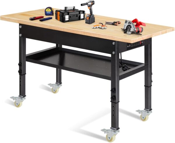 48"/60'' Adjustable Workbench, Rubber Wood Top Work Bench Heavy-Duty Work Table with Power Outlet, Wheels, Partition 2000 LBS Load Capacity Hardwood Work Benches for Garage, Workshop, Home, Office