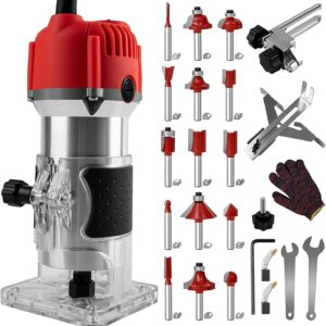 Compact Wood Router Tool 110V Electric Hand Woodworking Trimmer Palm Router kit with Gloves 15 PCS Router Bits (800W)