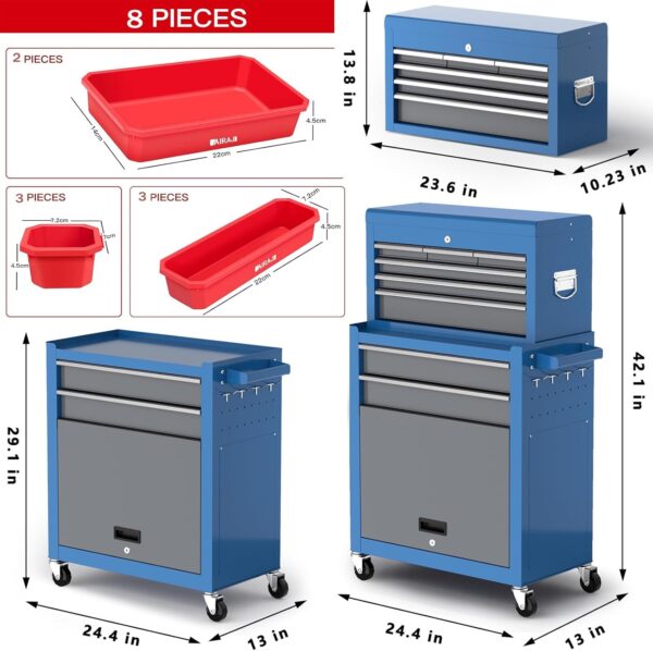 42" Rolling Tool Chest, 8-Drawer Garage Cabinet w/ Detachable Top & Hooks - Image 5