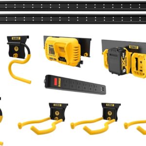 DEWALT Tool Organizer, Wall Mount, Kit for Lawn & Garden Tools, Includes Hooks, 2 Metal Rails, Charger Mount and Magnetic Power Strip, DEWALT Workshop Storage System Compatible (DWST82826)