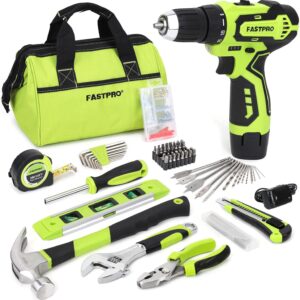 FASTPRO 175-Piece 12V Cordless Drill Set, Drill Driver and Home Tool Kit, House Repairing Tool with 12-Inch Storage Tool Bag, For DIY, Home Maintenance, Green