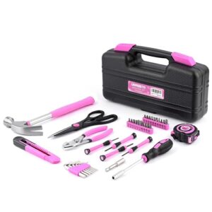 URASISTO 40-Piece Home Tool Kit with Easy Carrying Box, Small Basic Hand Tool Set Perfect for DIY Building, Home Maintenance and Woodworking, Great for College Students - PINK