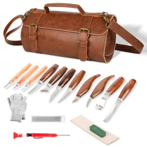 Wood Carving Tools Sets Deluxe Wood Carving Kit Wooden Carving Knife Wood working Carving Knife Tools Set with Large Leather Case For Beginner and Carpenter Experts