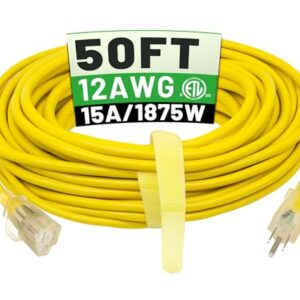 POWGRN 50 ft 12/3 Outdoor Extension Cord Waterproof Heavy Duty with Lighted Indicator End 12 Gauge 3 Prong, Flexible Cold-Resistant Long Power Cord Outside, 15Amp 1875W SJTW Yellow ETL Listed