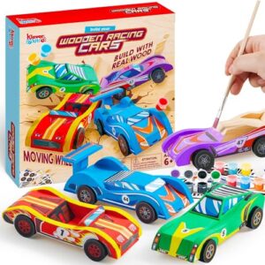 Klever Kits 4 DIY Wooden Race Cars-Build & Paint Your Own Wood Craft Kit, 4 Race Cars Toy, Easy to Assemble Arts Crafts Kit, Birthday Party Presents for Kids Boys Ages 6 and Up