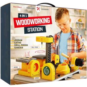 4 in 1 Woodworking Station for Kids - Wood Building Projects Kit for Boys - Real Construction Tools Sets - Boy Tool Set - Easter Gifts for Boy Age Year Old - Cool STEM Toys Kits Birthday Gift Ideas