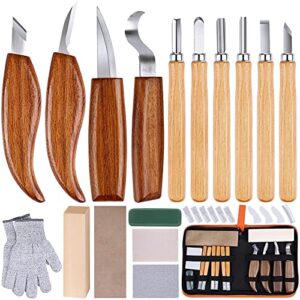 26-in-1 Wood Carving Kit with Detail Wood Carving Knife, Whittling Knife, Wood Chisel Knife, Gloves, Carving Knife Sharpener for Spoon, Bowl, Kuksa Cup (26PCS)