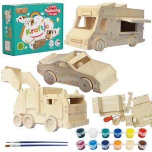 Kraftic Woodworking Building Kit for Kids and Adults, 3 Educational DIY Carpentry Construction Wood Model Kit Toy Projects for Boys and Girls, Build a Wooden Food Truck, Racing Car and Garbage Truck