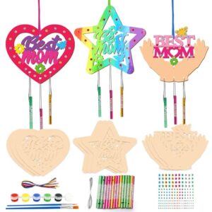 Fennoral 9 Pack MOM Wind Chime Kit for Kids Make You Own Mother's Day Wind Chimes DIY Coloring Mother's Day Wooden Art and Craft for Art Activity Mom's Birthday Decoration Mum Christmas Gifts