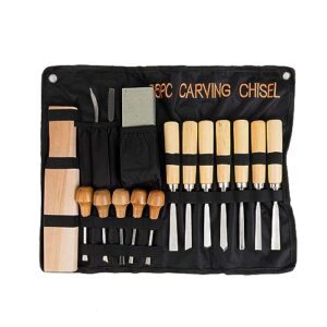 Fving 16 Pcs Carving Tools Set, Wood Chisels with Canvas Case,Gouges and Woodworking Chisel with Sharpening Stone Wooden Blocks for Beginners Professionals Wood Carving Kit