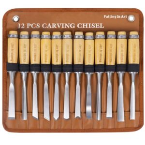 Falling in Art 12Pcs Wooden Carving Chisel Set, Woodworking Tools Set with a Leather Pouch, Full Size Knife Gouge Kit for Carving Projects, Ideal for Beginners and Professionals