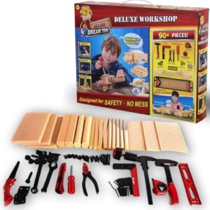 Real Construction Deluxe Workshop – 90 Piece Kids Tool Playset for Teaching Carpentry and Engineering with 8 Project Plans, Safe Faux Foam Wood, and Realistic Tools for Creative Building Fun