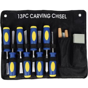 Lulu Home 13 PCS Wood Chisel with Canvas Bag, Wood Carving Tool Set Including Steel Beveled Chisel Tools with Rubber Handles, Rasps and Sharpening Stones for Woodworking