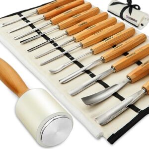 Wood Carving Kit, Wood Carving Tools Set of 12 Chisels and Wood Mallet with Canvas Case Gouges, Wood Whittling Kinves Kit, Wood Carving Knife Set, Woodworking Chisel Set for Beginners, Professionals